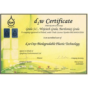 Certyfikat d2w poświadczający oksy-biodegradowalność folii, z których GRALA produkuje swoje wyroby.