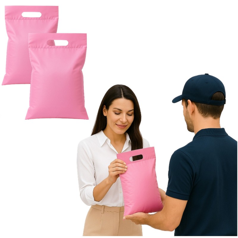 Matte Kuriertaschen mit Griff 360 x 630 + 50 mm 36 x 63 + 5 cm 0,055 Rosa 25 Stück