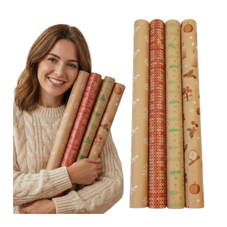 Papier do pakowania prezentów z motywami świątecznymi EKO ECO 70cm x 200cm zestaw 4 szt WZ3