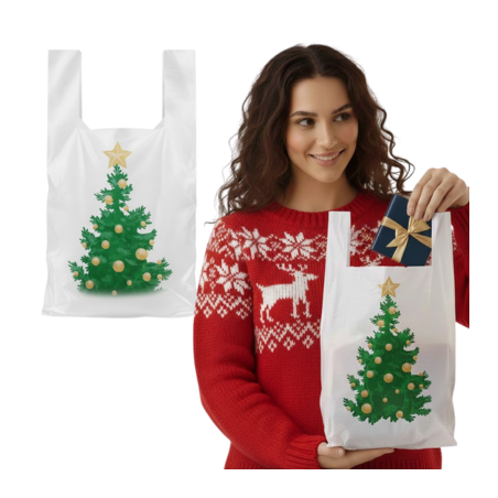 Reklamówki jednorazowe świąteczne 25+2f5/45cm 35x45cm 0,013 100szt HDPE nadruk choinka