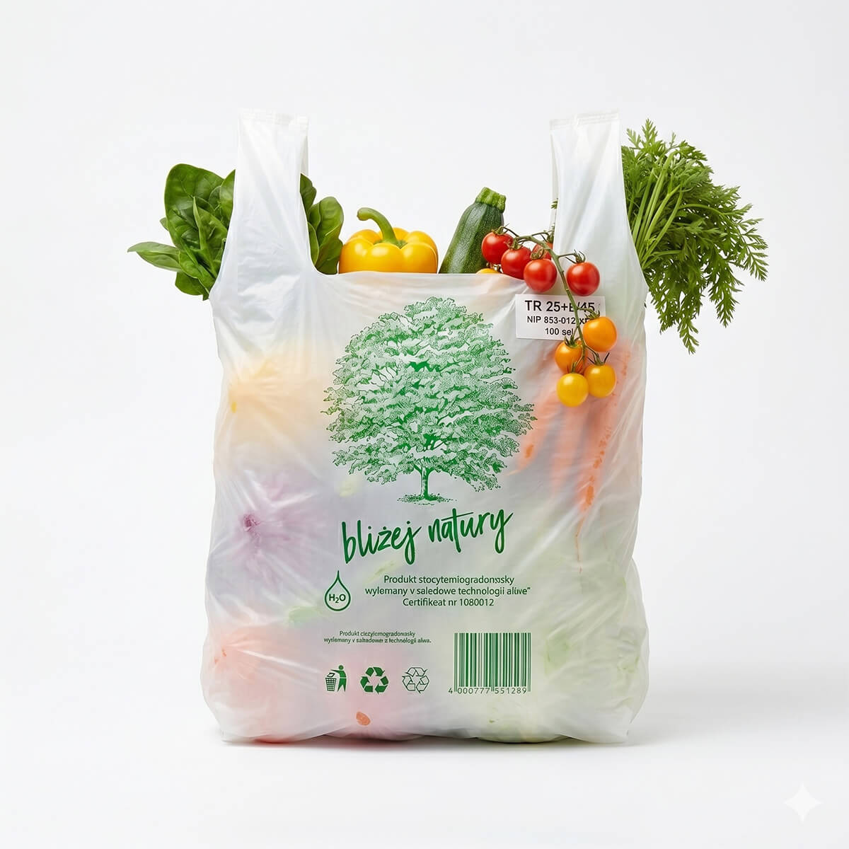 Reklamówka biodegradowalna z nadrukiem, wypełniona kolorowymi warzywami – zdjęcie produktowe zmodyfikowane z użyciem narzędzi AI – gralapack.com.pl